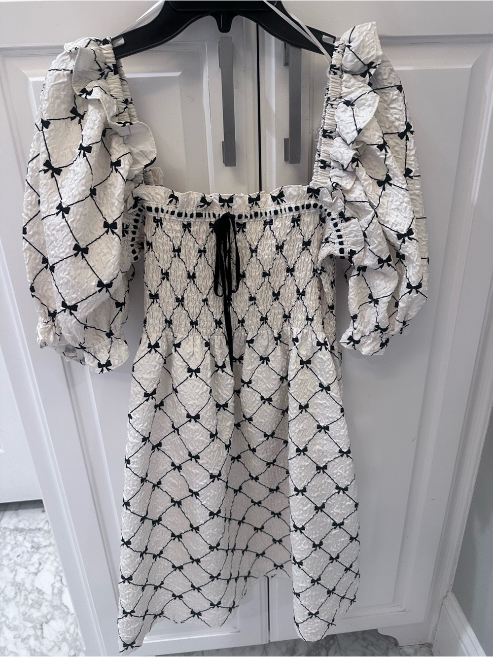 White Puff Sleeve Midi Dress with Black Bow Grid